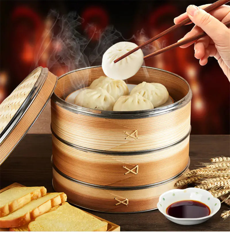 Bamboo Steamer for Baozi and Dumplings with Steel Trim